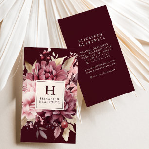 Cartão De Visita Monograma Floral Aquarela Burgundy Elegante