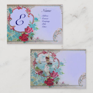 CARTÃO DE VISITA MONOGRAMA FLORAL AZUL ROMÂNTICA,ROSAS,DOVE,PAISAGE