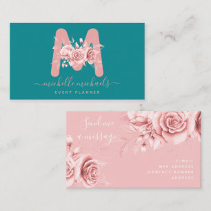 Cartão De Visita Monograma Floral com Cor Floral de rosa Dourada