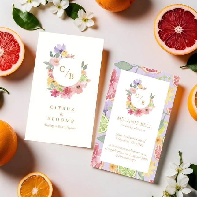 Cartão De Visita Monograma Floral de Aquarela de Pomar de Frutas Cí (Citrus Fruit Orchard Watercolor Floral Monogram Business Card (Front & Back))