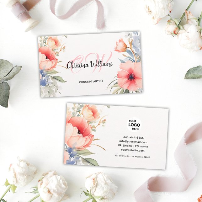 Cartão De Visita Monograma Floral de Cor Única (Unique Watercolor Floral Monogram Business Card)