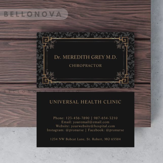 Cartão De Visita Monograma Floral Preto E Dourado (Custom Black And Gold Brown Floral Monogram Business Card)