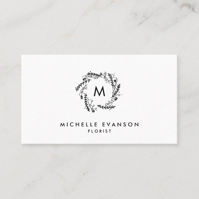 Cartão De Visita Monograma Floral Simples, preto e branco (Frente)