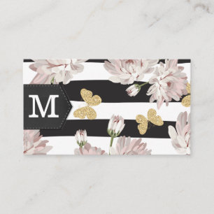 Cartão De Visita Monograma Flores Borboletas Stripe