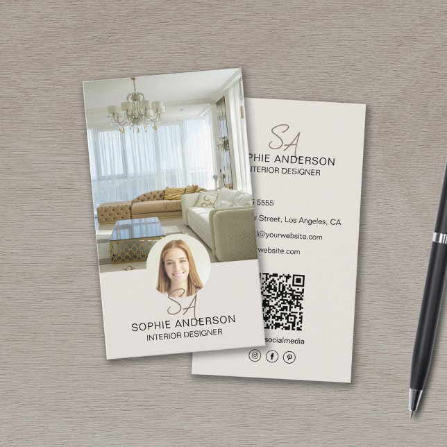Cartão De Visita Monograma Foto QR Social Media Interior Designer (Monogram Photo QR Social Media Interior Designer Business Card)