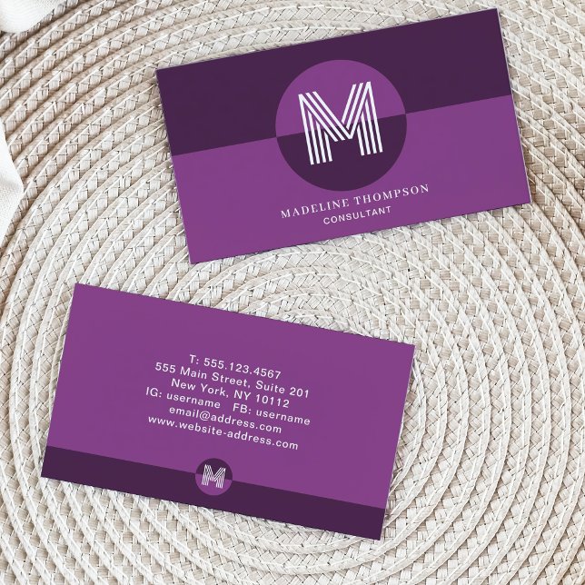 Cartão De Visita Monograma Geométrico Moderno com Violeta Roxo (Criador carregado)