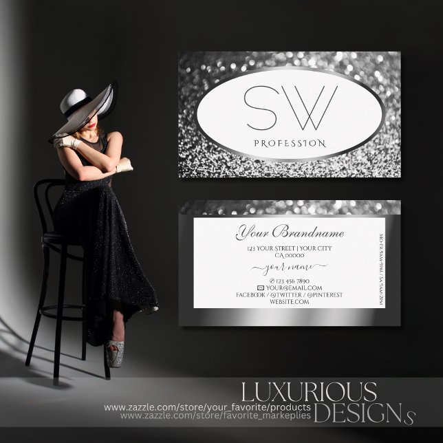 Cartão De Visita Monograma Glamoroso de Brilho Branco de Prata (Criador carregado)