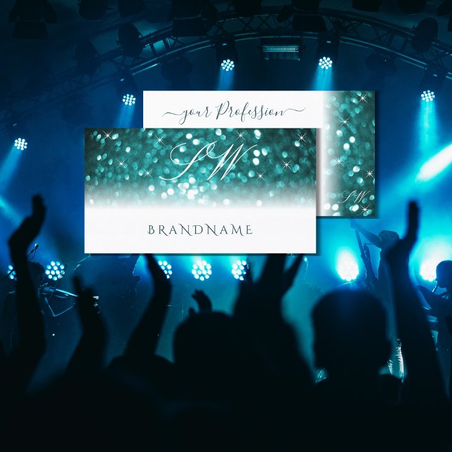 Cartão De Visita Monograma Glamoroso de Espumação Branca com Glitte (Criador carregado)