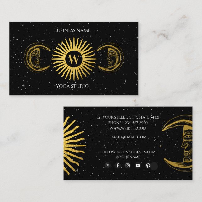 Cartão De Visita Monograma Holístico Sagrado Celestial Sun Moon Rei (Frente/Verso)