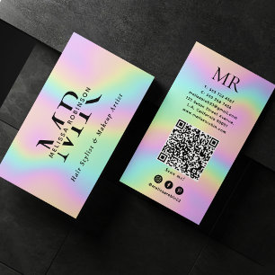 Cartão De Visita Monograma Holográfico Colorido Pastel e Código QR