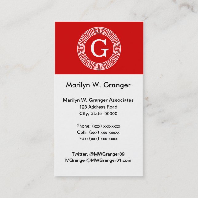 Cartão De Visita Monograma Inicial do Quadro-chave grego Red What (Frente)