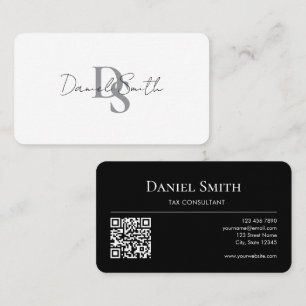 Cartão De Visita Monograma Inicial Simples e Elegante QRcode Preto
