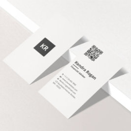 Cartão De Visita Monograma Limpo Código QR Mínimo Vertical Branco