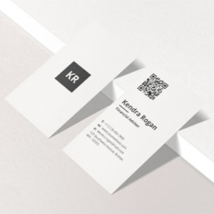 Cartão De Visita Monograma Limpo Código QR Mínimo Vertical Branco