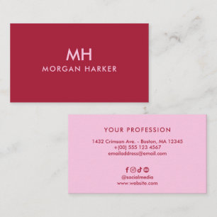 Cartão De Visita Monograma Limpo Minimalista Rosa Vermelho Duas-Ton
