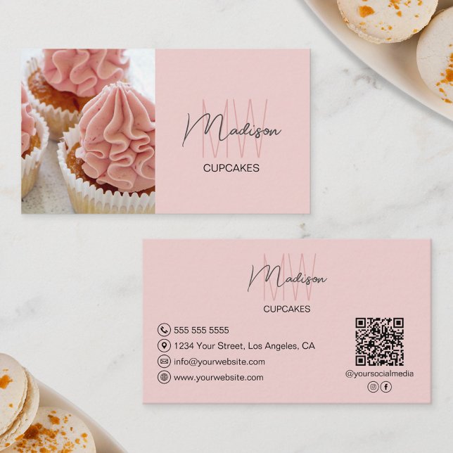 Cartão De Visita Monograma Logo Bakery Foto QR rosa (Monogram Logo Bakery Photo QR Pink Business Card)