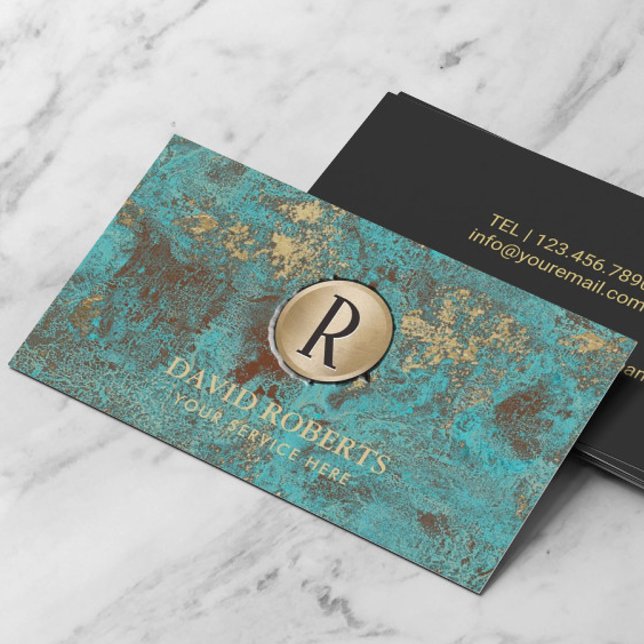 Cartão De Visita Monograma Logotipo Vintage Turquoise Dourada e Tet (Criador carregado)