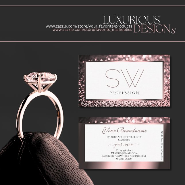 Cartão De Visita Monograma Luxurioso de brilho branco brilhante, co (Criador carregado)