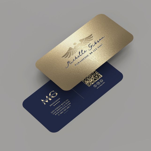 Cartão De Visita Monograma Médico Moderno Caduceus Azul Dourado (Modern Medical Monogram Caduceus Blue Gold Business Card
)