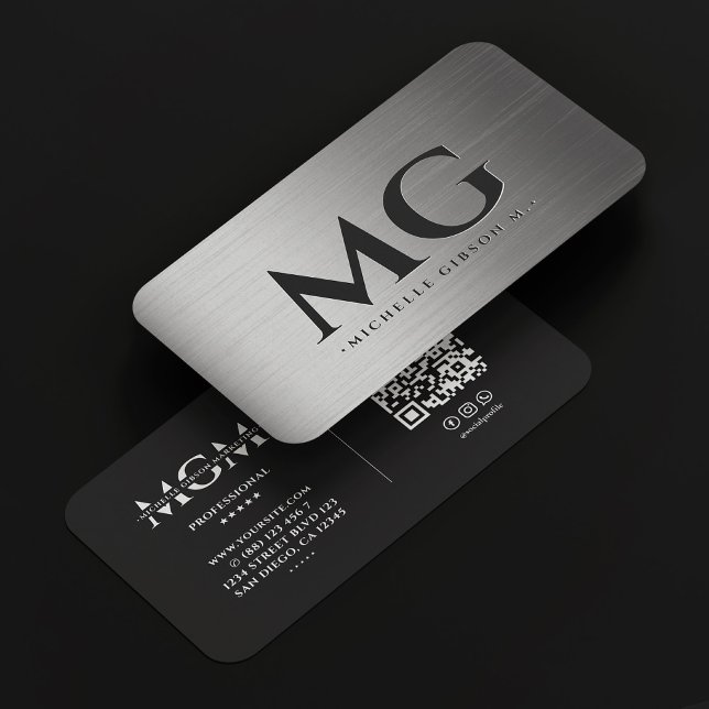 Cartão De Visita Monograma Metálico de Prata marketing Moderno Eleg (Marketing Metallic Silver Monogram Elegant Modern Business Card
)