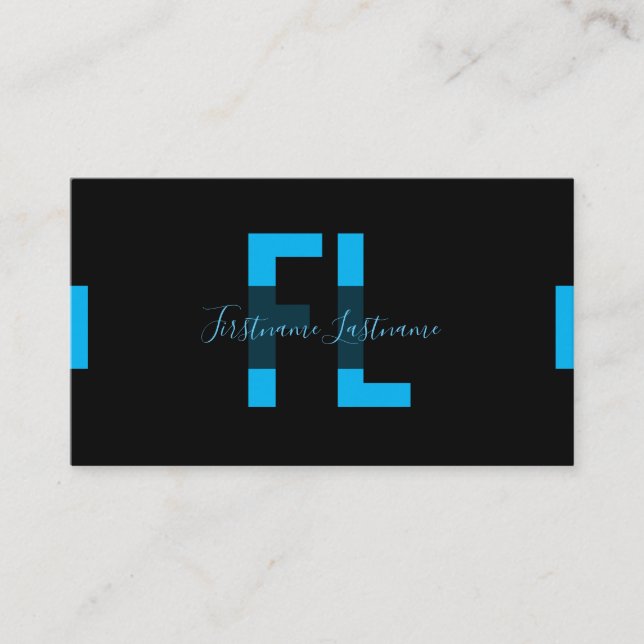 Cartão De Visita Monograma mínimo negro e azul-indigo elegante (Frente)