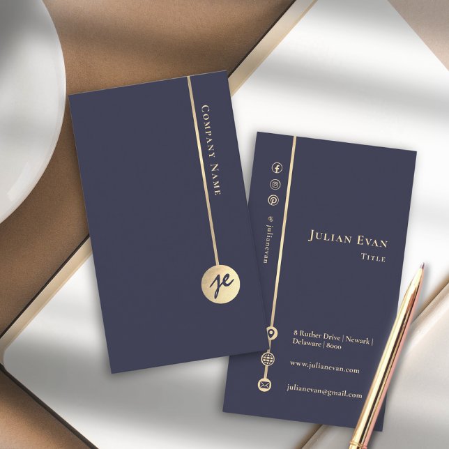 Cartão De Visita Monograma Mínimo Simples Marinho Elegante Azul e D (Simple Minimal Monogram Elegant Navy Blue & Gold Business Card)