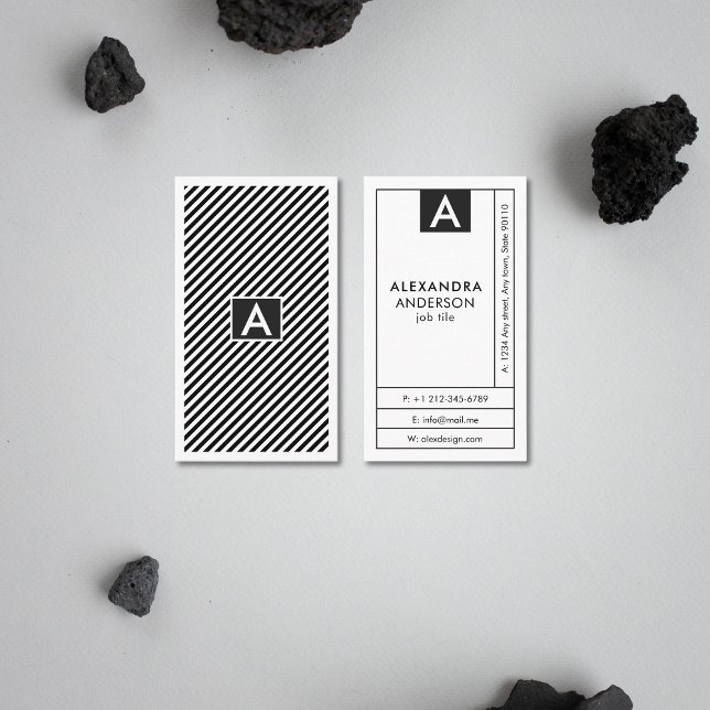 Cartão De Visita Monograma Moderno, Black and White Stripes Mínimas (Modern Monogram Black and White Stripes Minimal Business Card)