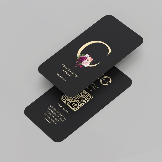 Cartão De Visita Monograma Moderno C Floral Dourado Elegante Preto (Modern Monogram C Elegant Black Gold Floral Business Card
)
