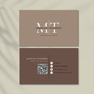 Cartão De Visita Monograma Moderno Código QR Khaki E Brown