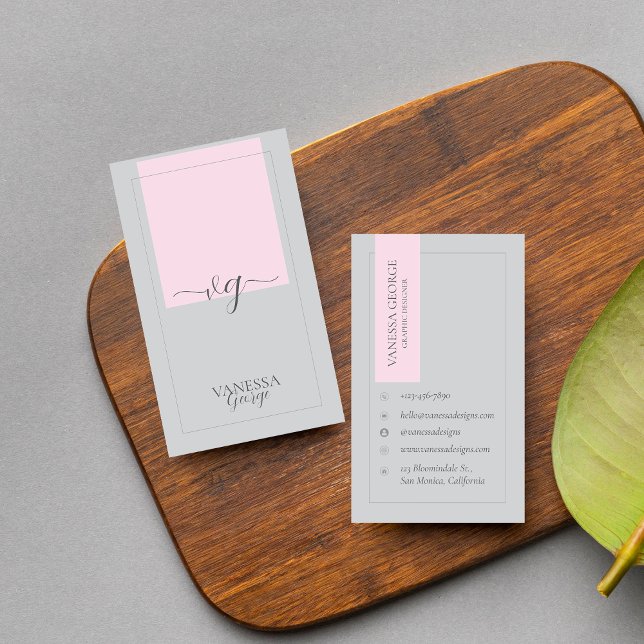 Cartão De Visita Monograma Moderno, Cute e Correto, de Cinzas Rosa, (Pink Grey Elegant Cute Modern Monogram Custom Business Card)