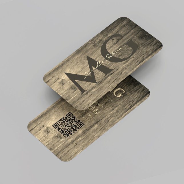 Cartão De Visita Monograma moderno de madeira de madeira QR (Modern Elegant Monogram Wood Woodworking Rustic Gold Wood Worker QR Business Card
)