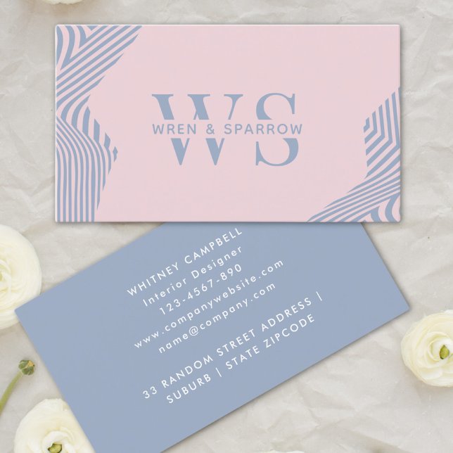 Cartão De Visita Monograma moderno de tendências de Abstrato azul e (Pastel Pink & Blue Abstract Trendy Monogram Modern Business Card )
