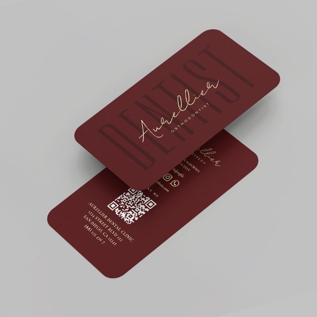 Cartão De Visita Monograma Moderno Dentista Vermelho Escuro Maroon  (Modern Monogram Dentist Dark Red Maroon Gold Business Card
)