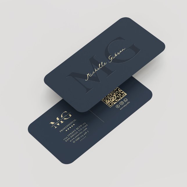 Cartão De Visita Monograma Moderno Elegante Azul Escuro Profissiona (Elegant Modern Monogram Dark Blue Gold Marketing Professional Business Card
)