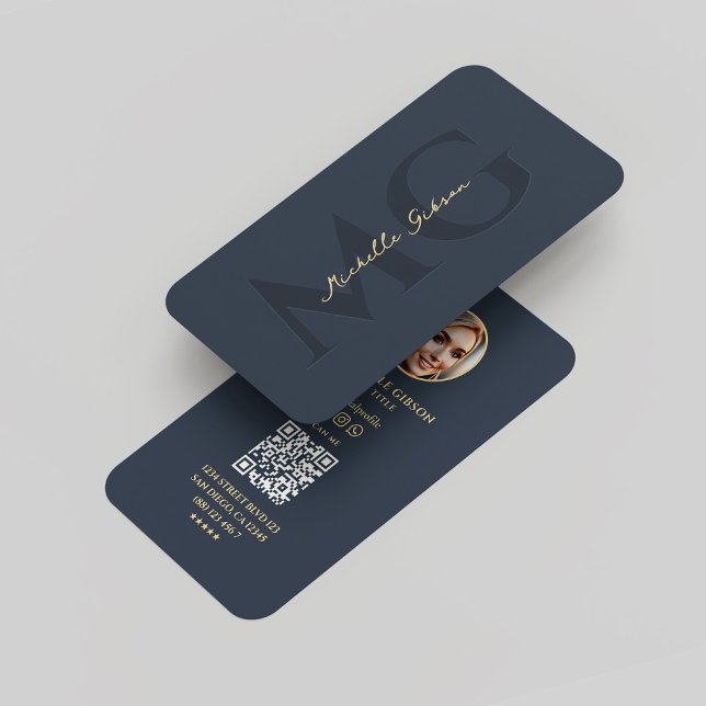 Cartão De Visita Monograma Moderno Elegante Azul Escuro Qr (Elegant Modern Monogram Professional Marketing Notary Attorney Realtor Blue Photo Business Card
)