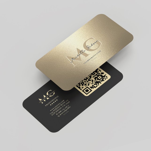 Cartão De Visita Monograma Moderno Elegante QR Profissional Falso D (Elegant Modern Monogram Black Gold Professional QR Business Card
)