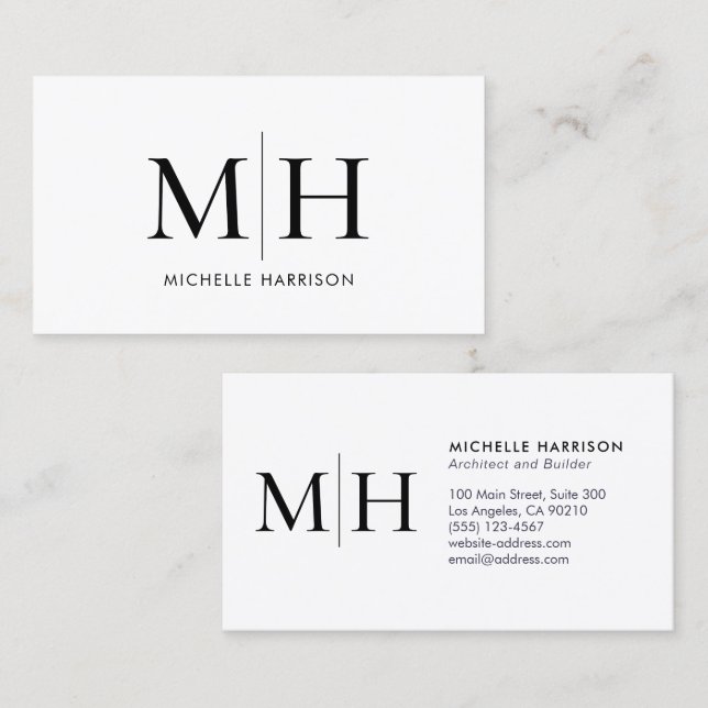 Cartão De Visita Monograma Moderno Elegante White Professional Pret (Frente/Verso)