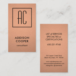 Cartão De Visita Monograma Moderno, Folha de Cobre e Vertical Preta