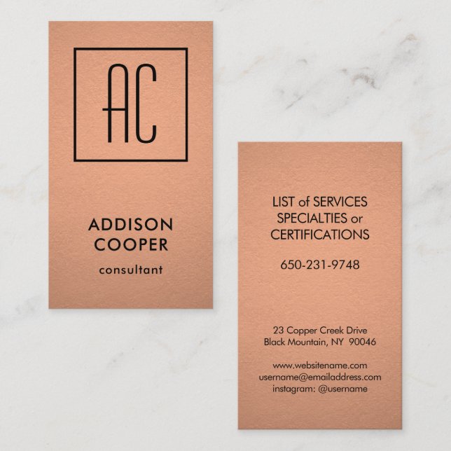 Cartão De Visita Monograma Moderno, Folha de Cobre e Vertical Preta (Frente/Verso)