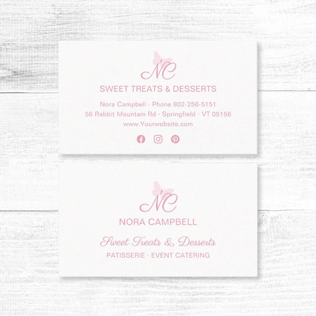 Cartão De Visita Monograma Moderno, Girly Baby Pink Butterfly (Modern, elegant baby pink typography, butterfly monogram business card with social media icons.)