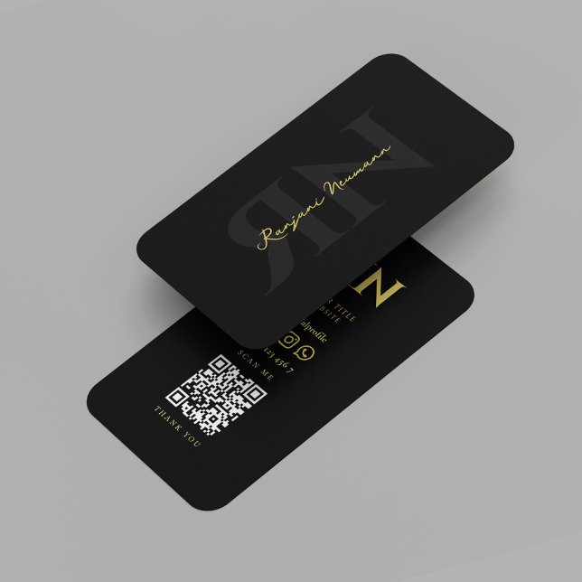 Cartão De Visita Monograma Moderno Invertido Preto Inicial Dourado (Modern Monogram Professional Reversed Initial Black Gold Business Card
)