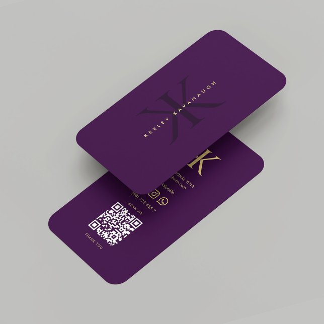 Cartão De Visita Monograma Moderno K Purple Dourado Escuro (Modern Monogram K Dark Purple Gold Professional Business Card
)