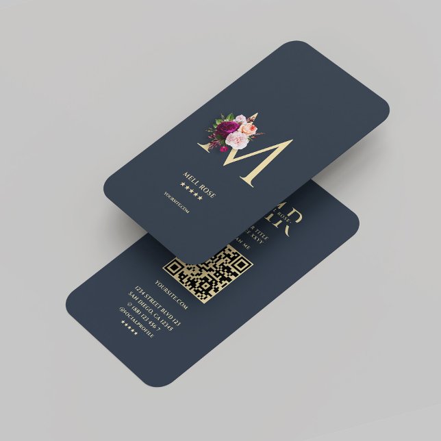 Cartão De Visita Monograma Moderno M Azul Escuro Floral Dourado (Modern Monogram M Floral Dark Blue Gold Business Card
)