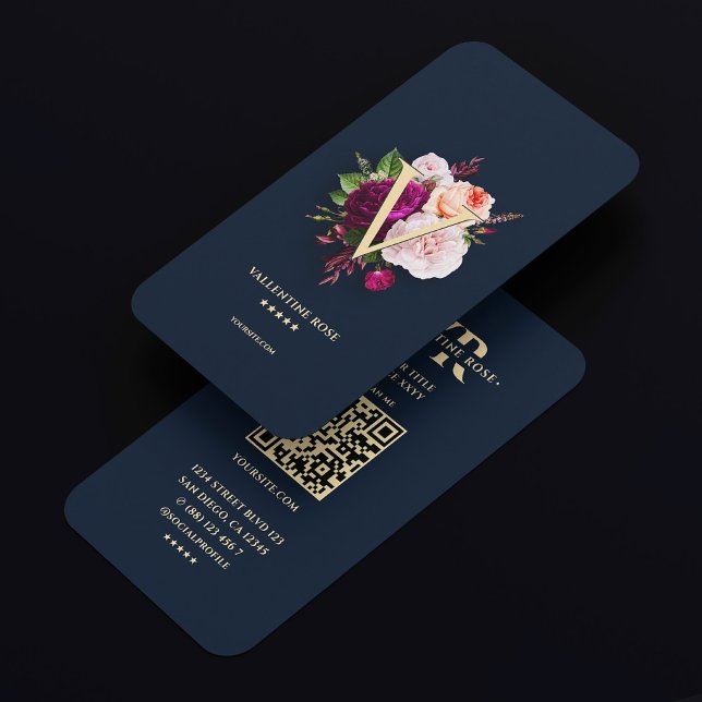 Cartão De Visita Monograma Moderno Marinho Floral Elegante Inicial  (Modern Monogram Initial Elegant Floral Navy Blue Business Card
)