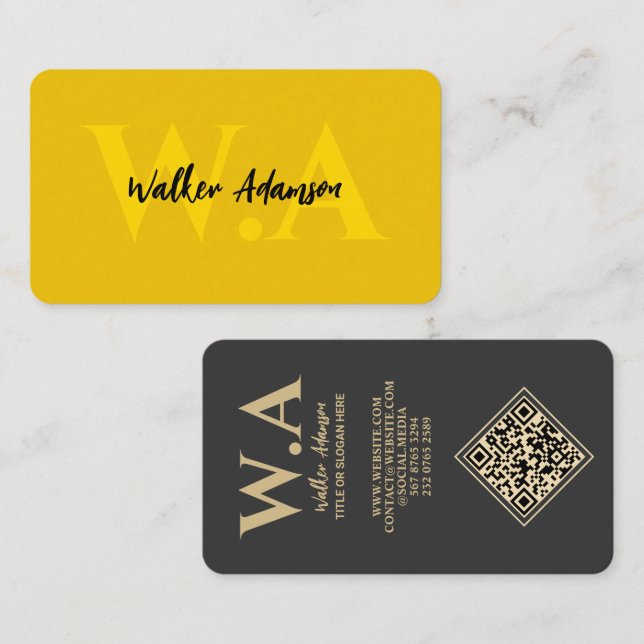 Cartão De Visita Monograma Moderno | Preto de luxo e Dourado (Frente/Verso)