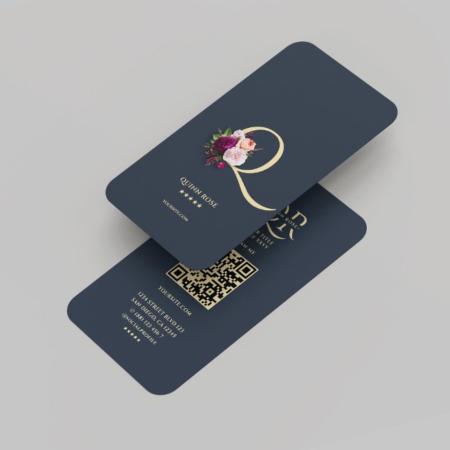 Cartão De Visita Monograma Moderno Q Azul Escuro Floral Dourado (Modern Monogram Q Floral Dark Blue Gold Business Card
)