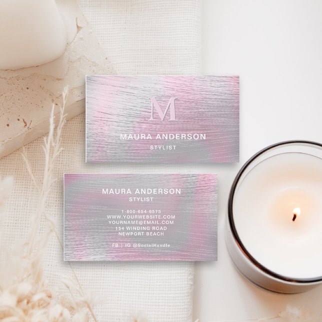 Cartão De Visita Monograma Moderno Rosa Rosa Holográfico Elegante (holographic business card brushed pink monogram shimmer hairdresser stylist coach artist lash nails )