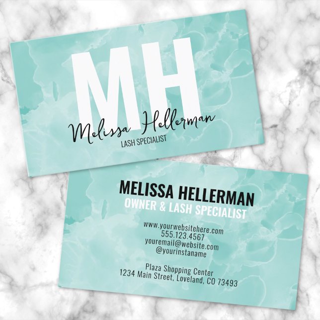 Cartão De Visita Monograma Moderno Simples de Teal (Simple Modern Watercolor Teal Monogram Business Card)