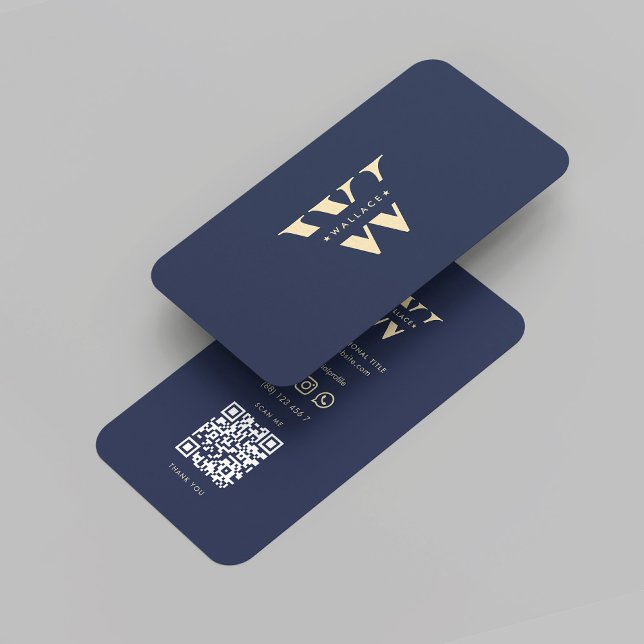 Cartão De Visita Monograma Moderno W Azul Escuro Profissional Inici (Modern Monogram Logo W Initial Professional Marketing QR Dark Blue Gold Business Card
)