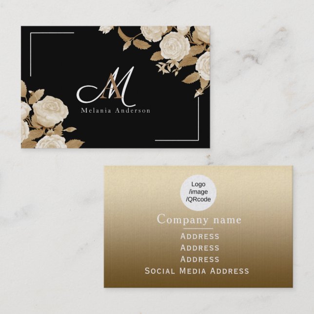 Cartão De Visita Monograma negro Dourado Elegante Rosa (Frente/Verso)